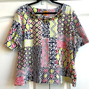 Ruby Rd. Abstract Geometric Bright Neon Color Beaded Top